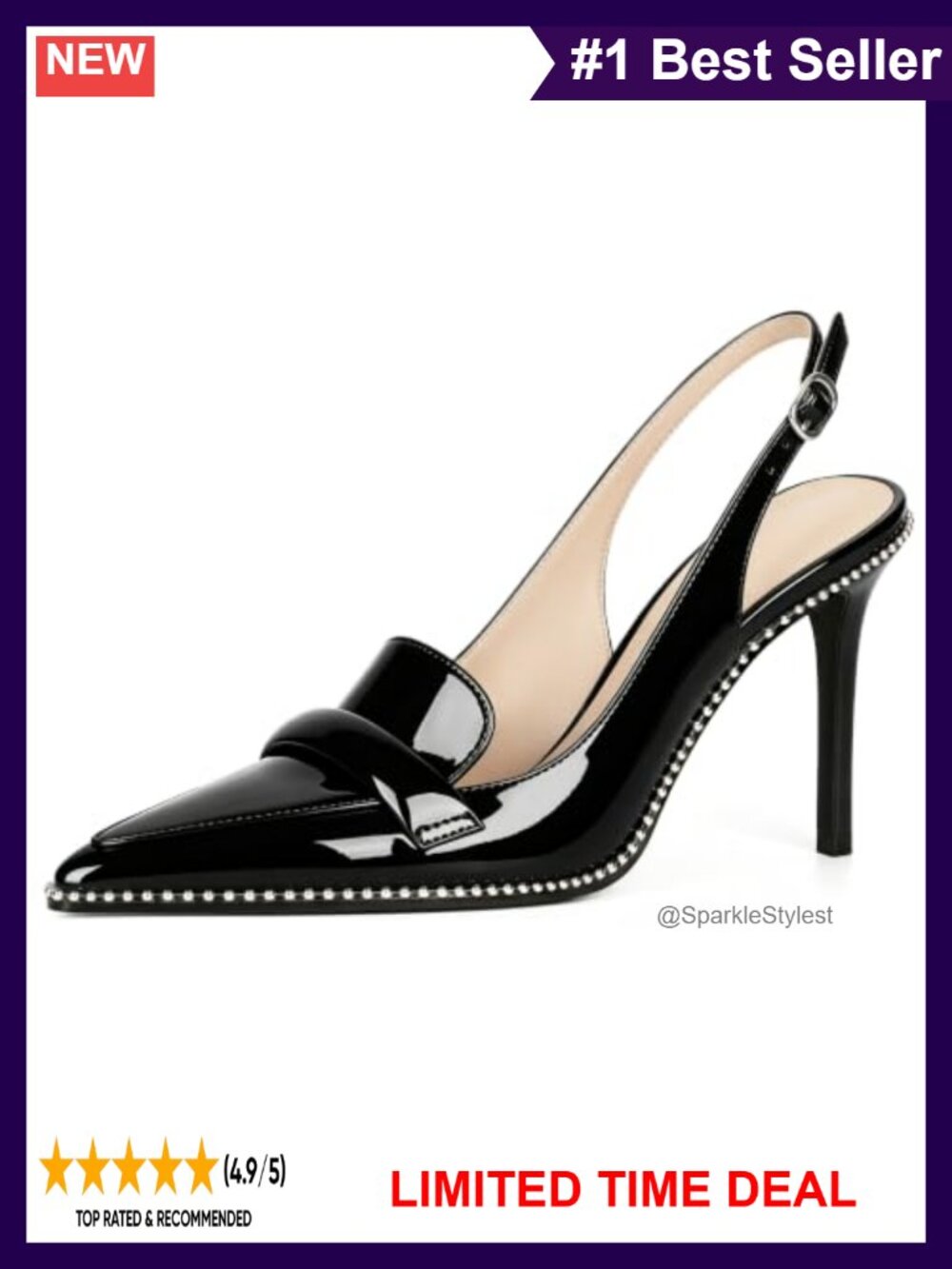 Slingback Heels Stiletto Pointed Toe Beaded Slip On Pumps